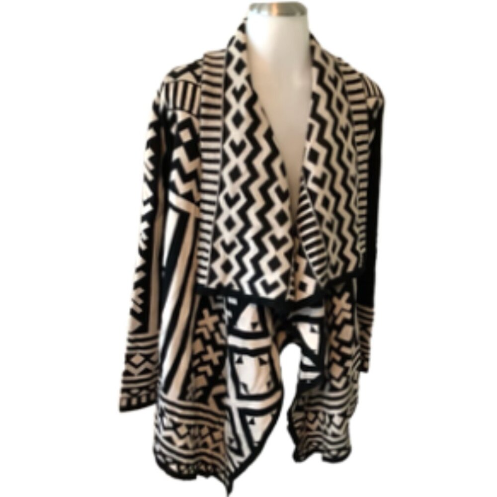 Sisters black and cream asymetrical boho/Aztec cardigan/cape.